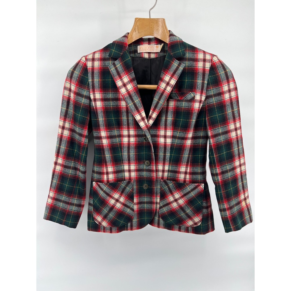 Pendleton Vintage Wool Plaid Blazer Red‎ Green Tartan Made in USA Jacket Small